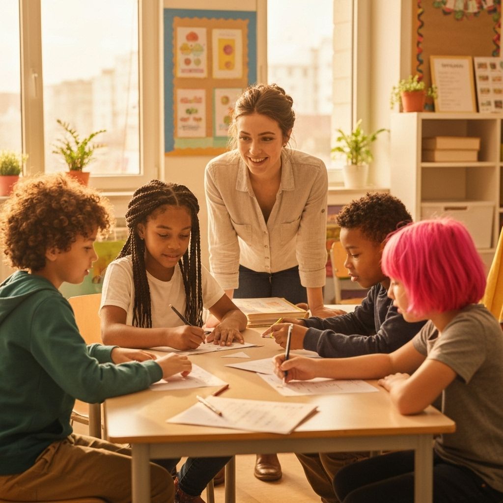 Students enjoying math in a collaborative classroom environment with teacher support